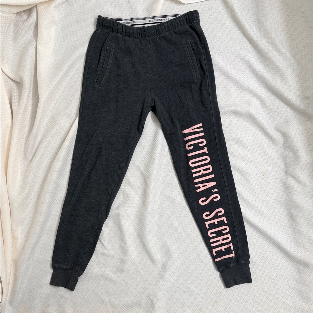 Victoria's Secret Women’s XS Charcoal Joggers with Pink Logo Y2K